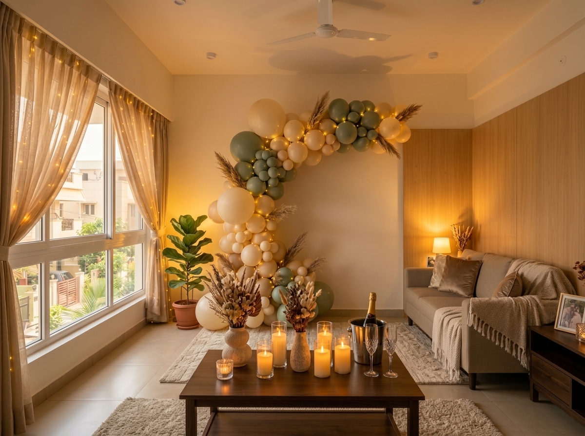 Transformed celebration living room with warm lighting, balloon garland, and candles by Sruja Decor & Celebrations