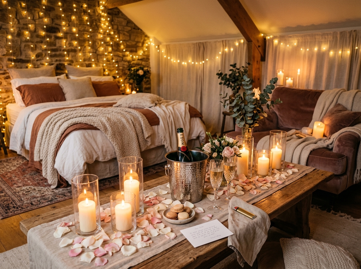 Romantic room decoration with candles, roses, and fairy lights in Ahmedabad by Sruja